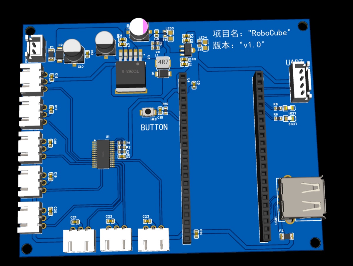 3D render of the blue two-layer servo-control PCB with servo headers along one edge